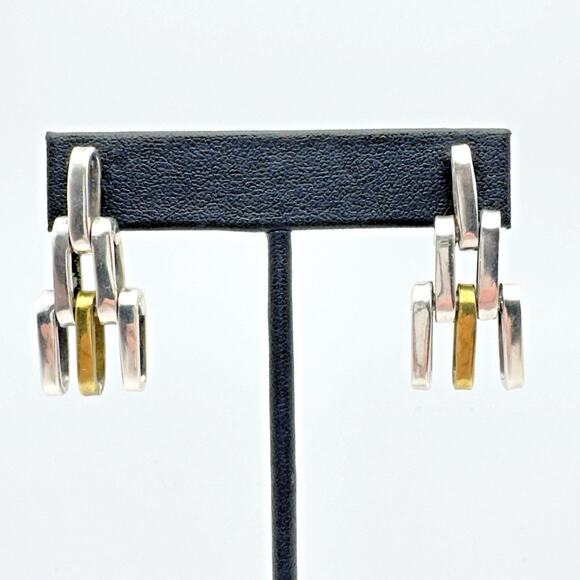 Vintage Modernist Sterling Silver Brass Earrings Industrial Tank Track Unisex - Picture 2 of 6
